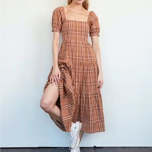 Plaid Tiered Midi Dress with Puff Sleeves - Brown
